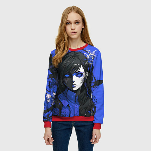 Женский свитшот Девушка в стиле аниме в куртке на голубом фоне / 3D-Красный – фото 3
