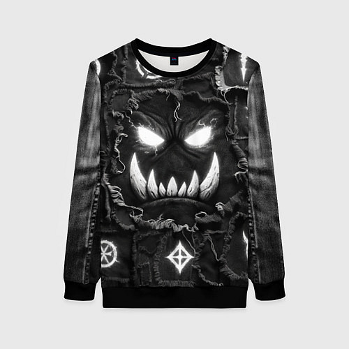 Женский свитшот Голова Орка на джинсах пэчворк / 3D-Черный – фото 1