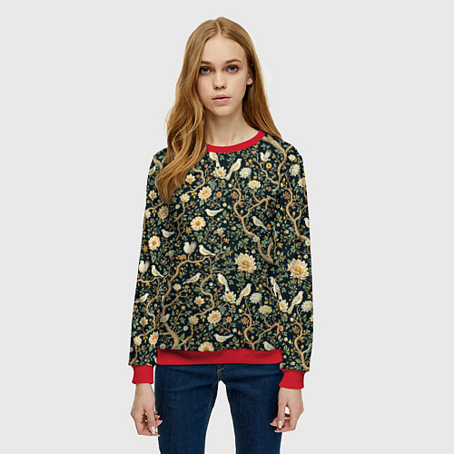 Женский свитшот Узор с птицами зеленый / 3D-Красный – фото 3