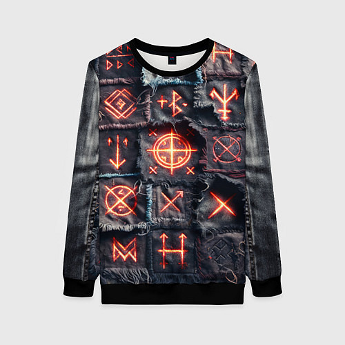 Женский свитшот Символы викингов на пэчворк джинсах / 3D-Черный – фото 1