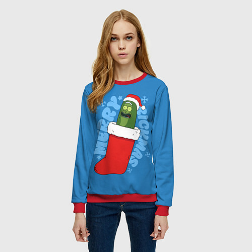 Женский свитшот Новогодний Рик огурчик - Merry Rickmas / 3D-Красный – фото 3