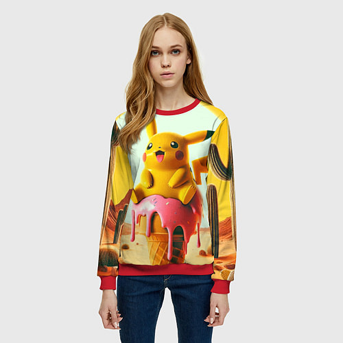 Женский свитшот Пикачу сидит на мороженом в пустыне / 3D-Красный – фото 3