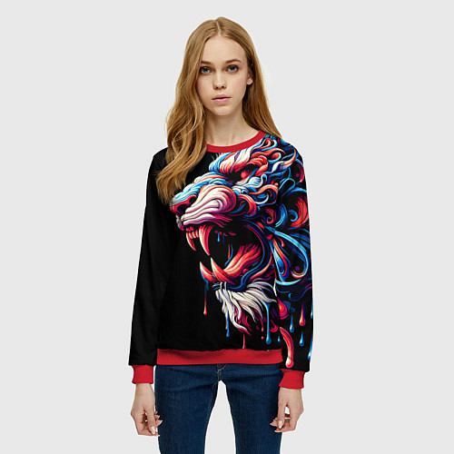 Женский свитшот Фантазийный красочный тигр - ирезуми / 3D-Красный – фото 3