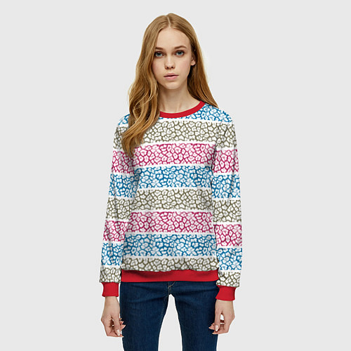 Женский свитшот Горизонтальные разноцветные полосы с тигровым узор / 3D-Красный – фото 3