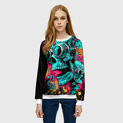 Свитшот женский Cyber skull sketch - color blots, цвет: 3D-белый — фото 2