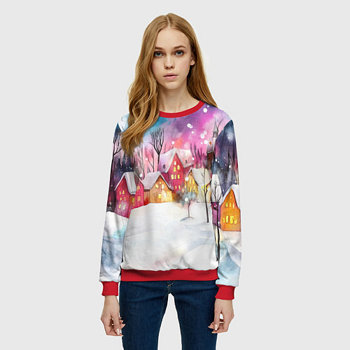 Женский свитшот Новогодний ночной дворик / 3D-Красный – фото 3