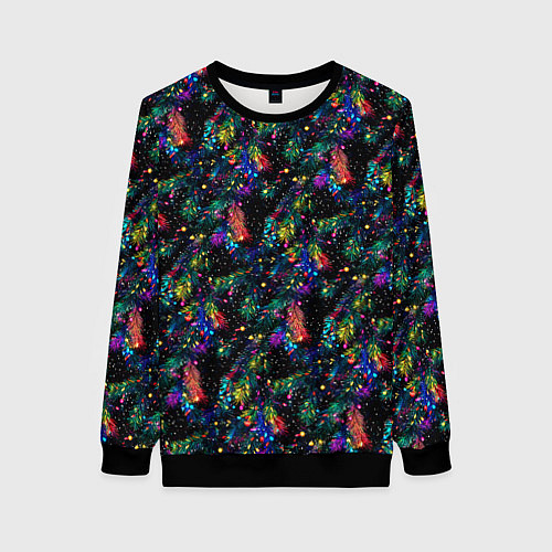 Женский свитшот Радужные ёлка в новогоднюю ночь / 3D-Черный – фото 1