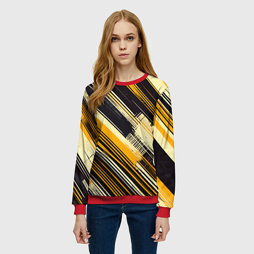 Женский свитшот Жёлтые диагональные полосы на чёрном фоне / 3D-Красный – фото 3