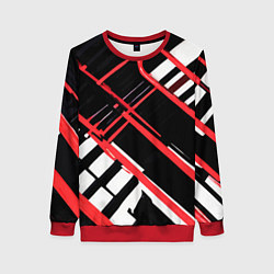 Свитшот женский Красно-белые линии на чёрном фоне, цвет: 3D-красный