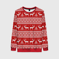 Свитшот женский Вязаный новогодний орнамент с оленями и ёлками, цвет: 3D-красный