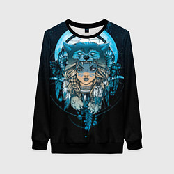 Свитшот женский Девушка-шаманка в шапке волка, цвет: 3D-черный