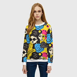 Свитшот женский Яркий паттерн с лицами девушек, цвет: 3D-белый — фото 2