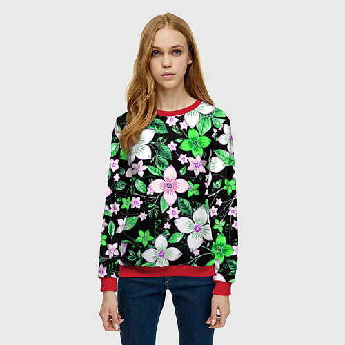 Женский свитшот Зелёно-белые цветы на чёрном фоне / 3D-Красный – фото 3