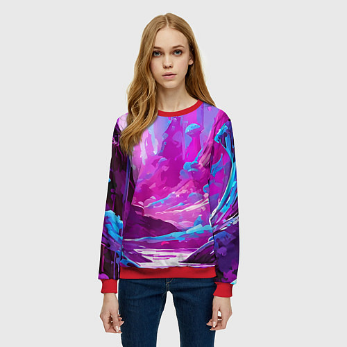 Женский свитшот Фиолетовая кислотная абстракция / 3D-Красный – фото 3