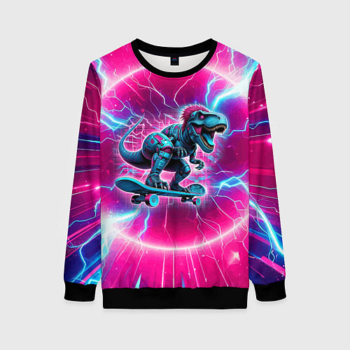 Женский свитшот Cyber tyrannosaurus is a cool skateboarder / 3D-Черный – фото 1