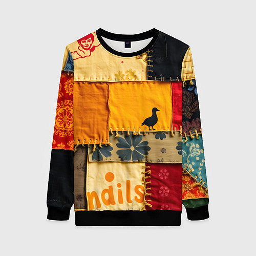 Женский свитшот Пэчворк с птичкой / 3D-Черный – фото 1