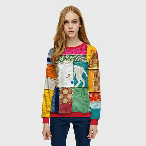 Женский свитшот Пэчворк с человечком / 3D-Красный – фото 3