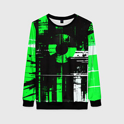 Свитшот женский Зелёно-белый гранж на чёрном фоне, цвет: 3D-черный