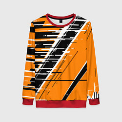 Свитшот женский Чёрно-белые глитч полосы на оранжевом фоне, цвет: 3D-красный
