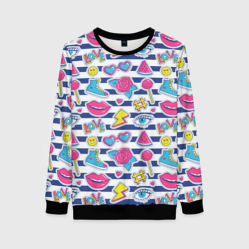 Женский свитшот Полосатый паттерн с яркими молодежными стикерами / 3D-Черный – фото 1