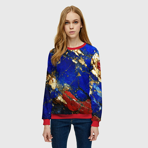 Женский свитшот Золотой и красный минерал в синем камне / 3D-Красный – фото 3