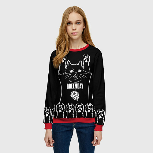 Женский свитшот Green Day: cat rock / 3D-Красный – фото 3