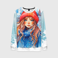 Свитшот женский Девушка в зимнем лесу, цвет: 3D-белый