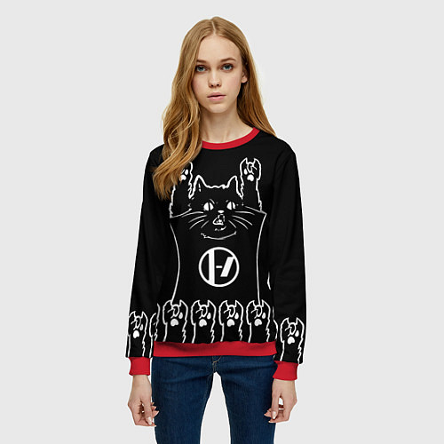 Женский свитшот Twenty one pilots: cat rock / 3D-Красный – фото 3