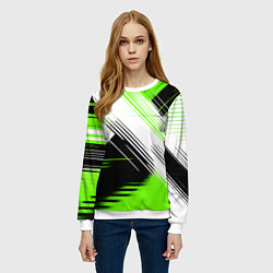 Свитшот женский Диагональные бело-зелёные линии на чёрном фоне, цвет: 3D-белый — фото 2