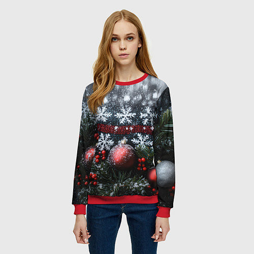Женский свитшот Новогодние снежинки / 3D-Красный – фото 3