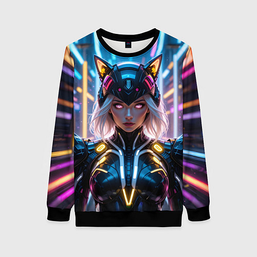 Женский свитшот Девушка кошка неон / 3D-Черный – фото 1