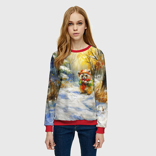 Женский свитшот Новогодняя маленькая лисичка / 3D-Красный – фото 3