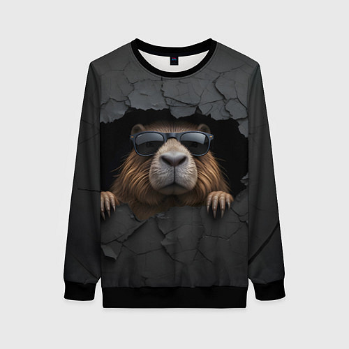 Женский свитшот Капибара в стене / 3D-Черный – фото 1