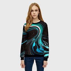 Свитшот женский Волнистые бело-голубые линии на чёрном фоне, цвет: 3D-черный — фото 2