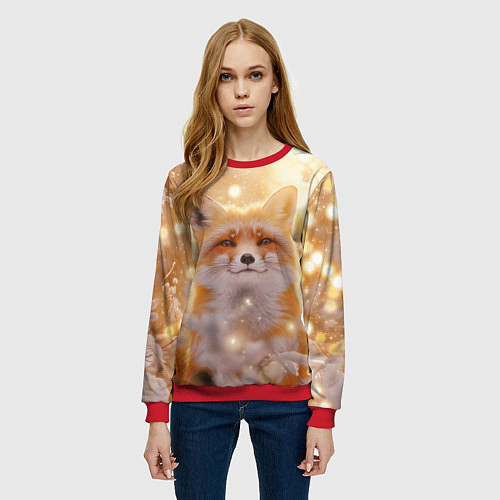 Женский свитшот Лисица и блестящий снег / 3D-Красный – фото 3