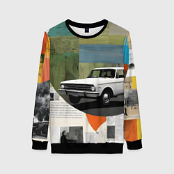 Свитшот женский Коллаж с ретро автомобилем, цвет: 3D-черный