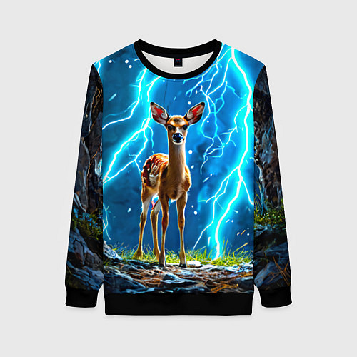 Женский свитшот Олененок в разрядах молний / 3D-Черный – фото 1