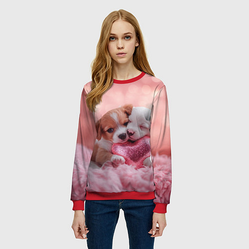 Женский свитшот Милые щенки и сердце / 3D-Красный – фото 3