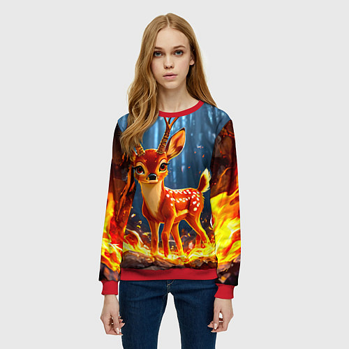 Женский свитшот Олененок в огне / 3D-Красный – фото 3
