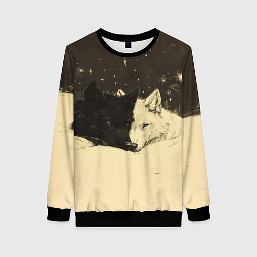 Женский свитшот Белая волчица и черный волк / 3D-Черный – фото 1