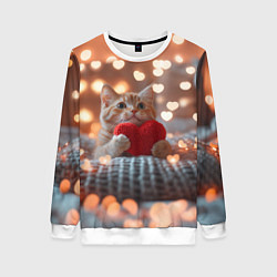 Свитшот женский Котик с сердечком на фоне боке, цвет: 3D-белый