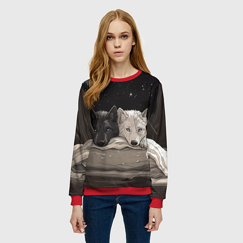 Женский свитшот Черный волк и белая волчица вместе / 3D-Красный – фото 3