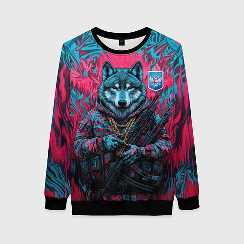 Женский свитшот Волк с гербом РФ / 3D-Черный – фото 1