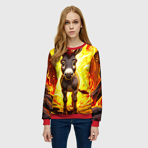 Женский свитшот Ослик в огне / 3D-Красный – фото 3