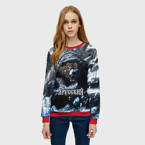 Женский свитшот Я русский - агрессивный медведь / 3D-Красный – фото 3