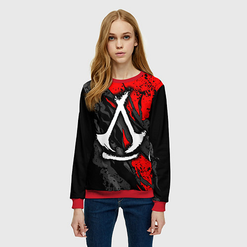 Женский свитшот Assassins creed: shadows - белый логотип / 3D-Красный – фото 3