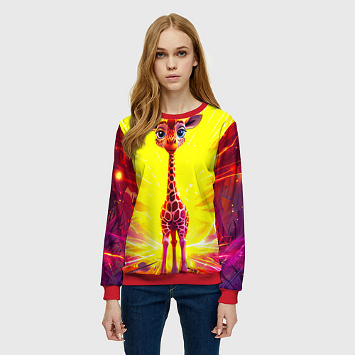 Женский свитшот Жирафик в желтых искрах / 3D-Красный – фото 3