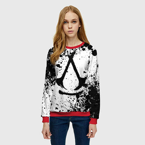Женский свитшот Assassins creed shadows - черно-белые брызги / 3D-Красный – фото 3