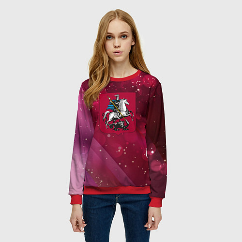 Женский свитшот Герб Москвы на розовом фоне / 3D-Красный – фото 3