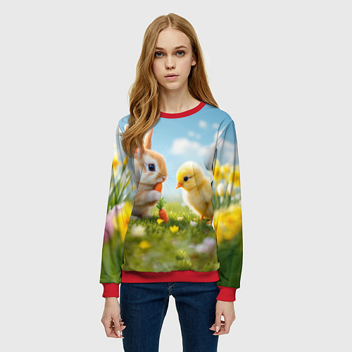 Женский свитшот Кролик и цыпленок встречают Пасху / 3D-Красный – фото 3
